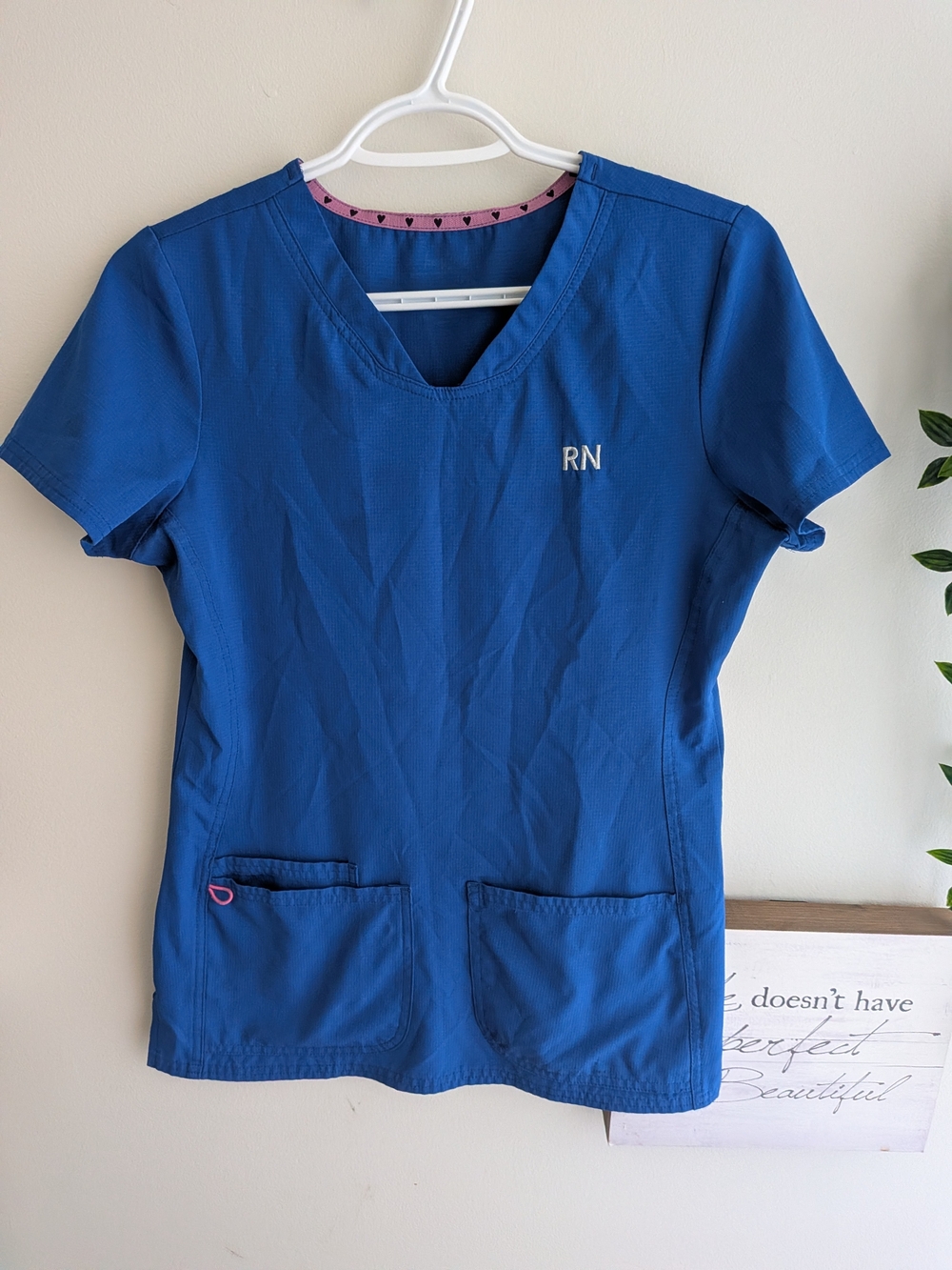 Heart Soul Royal Blue V-Neck Scrub Top with Pink Trim and RN Embroidery